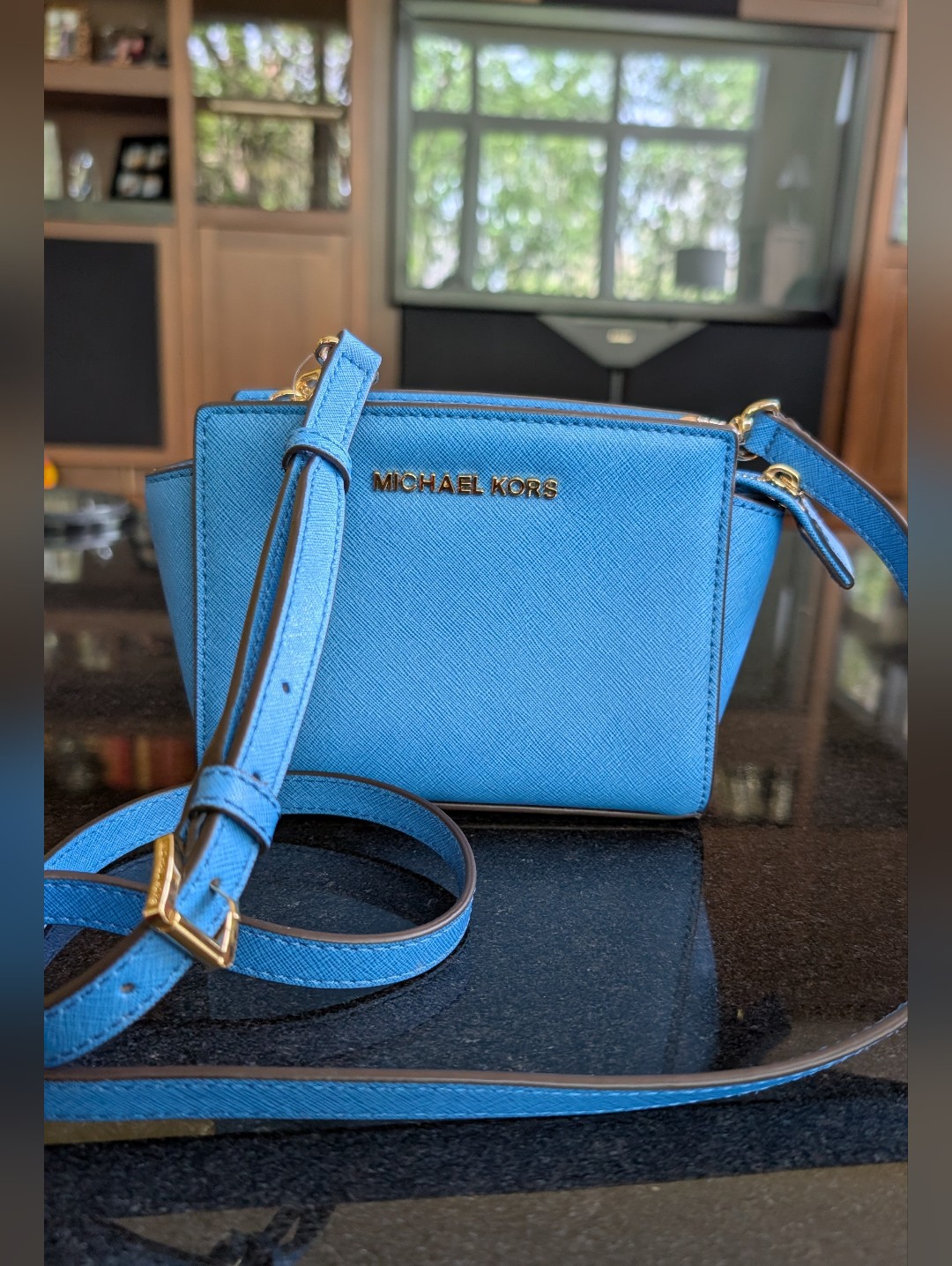 Nwt Michael Kors Selma Mini Messenger Bag In Heritage Blue Saffiano Leather-$178